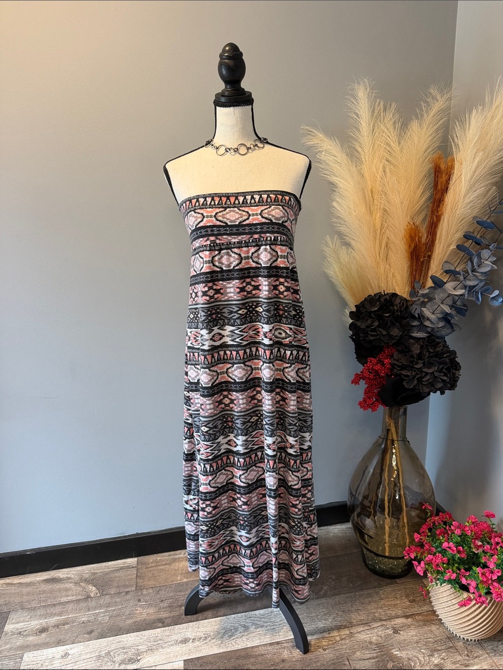 HeartSoul Strapless Pink and Black Aztec Maxi Dress